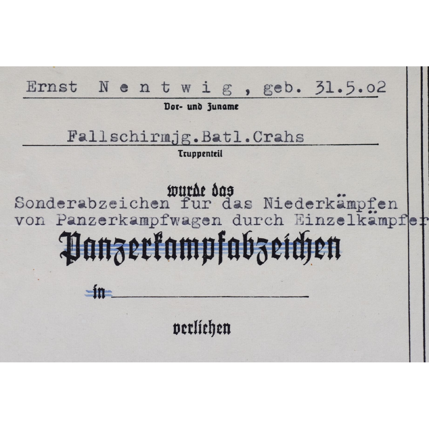 Luftwaffe Nachlass "Fallschirmjäger Batl. Crahs" mit Verleihung vom Panzerknacker (Sonderabzeichen), extrem selten! Luftwaffe Nachlass "Fallschirmjäger Batl. Crahs" mit Verleihung vom Panzerknacker (Sonderabzeichen), extrem selten!