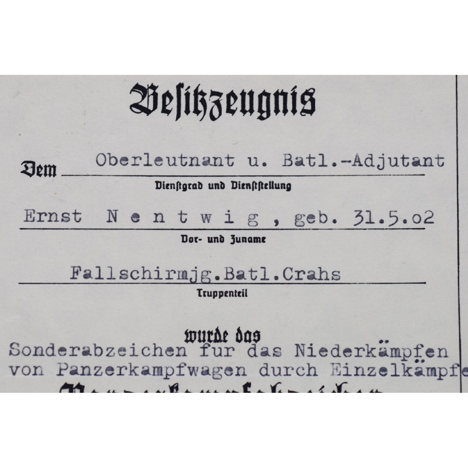 Luftwaffe Nachlass "Fallschirmjäger Batl. Crahs" mit Verleihung vom Panzerknacker (Sonderabzeichen), extrem selten! Luftwaffe Nachlass "Fallschirmjäger Batl. Crahs" mit Verleihung vom Panzerknacker (Sonderabzeichen), extrem selten!