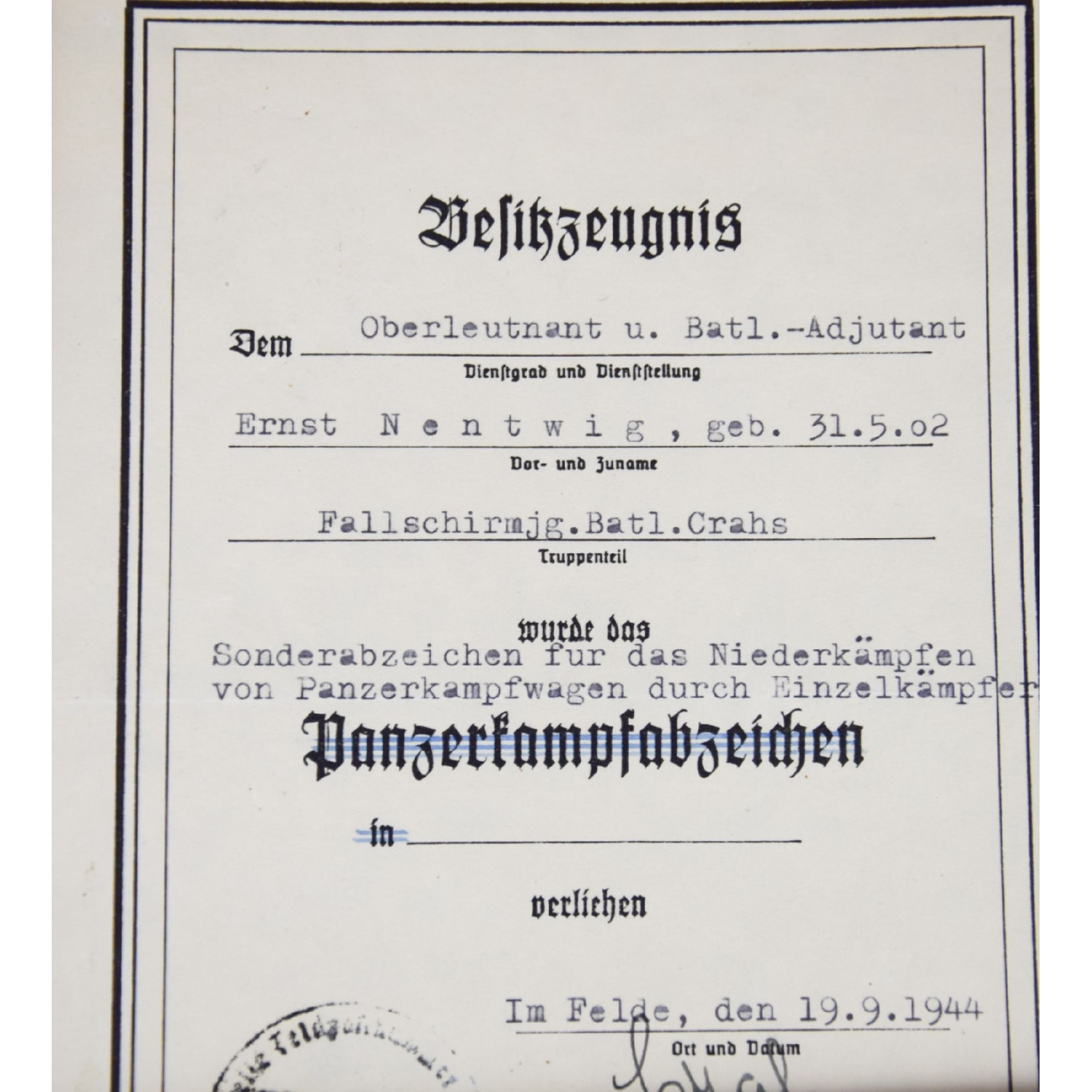 Luftwaffe Nachlass "Fallschirmjäger Batl. Crahs" mit Verleihung vom Panzerknacker (Sonderabzeichen), extrem selten! Luftwaffe Nachlass "Fallschirmjäger Batl. Crahs" mit Verleihung vom Panzerknacker (Sonderabzeichen), extrem selten!