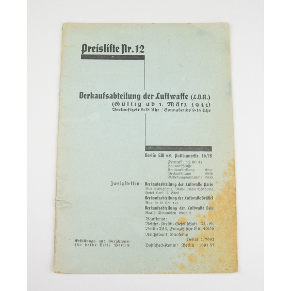 Preisliste Nr.12 Verkaufsabteilung der Luftwaffe