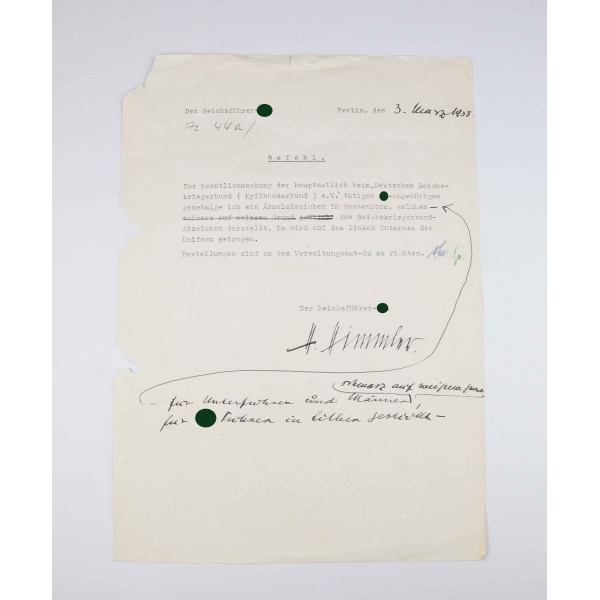 Befehlsschreiben von Reichsführer der SS Heinrich Himmler Genehmigung Ärmelzeichen 1938