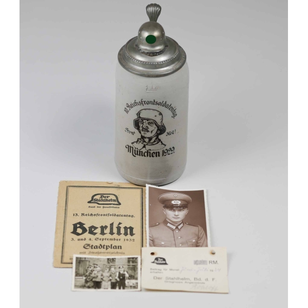 Nachlass "Der Stahlhelm" Stahlhelmbund mit Krug "10.Reichsfrontsoldatentag" Angermünde 1929