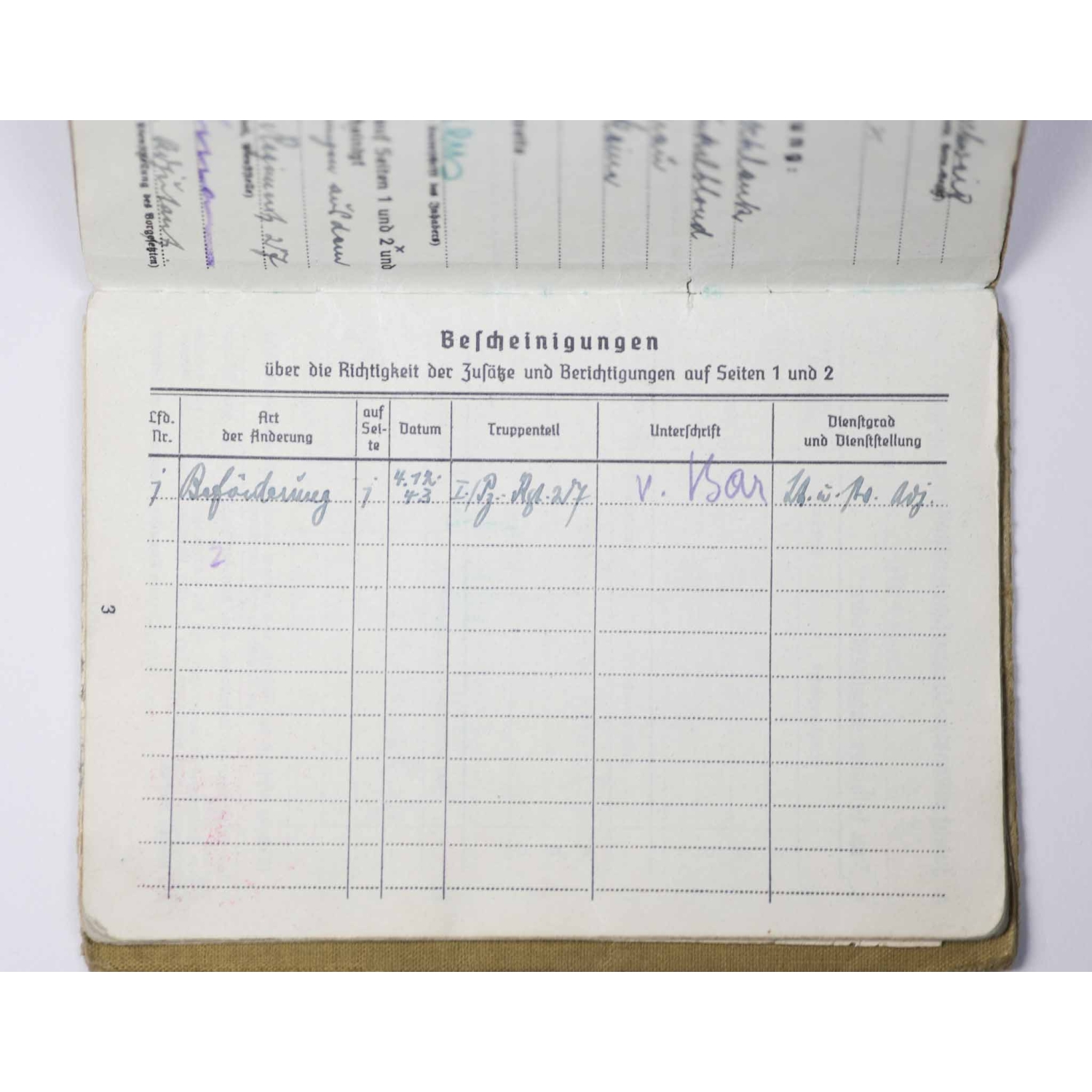 Panzer Soldbuch (DK-Träger) mit Eintrag Panzerkampfabzeichen III. Stufe (Einsatzzahl 50) Pz.Rgt. 27 (Ostfront) Panzer Soldbuch (DK-Träger) mit Eintrag Panzerkampfabzeichen III. Stufe (Einsatzzahl 50) Pz.Rgt. 27 (Ostfront)
