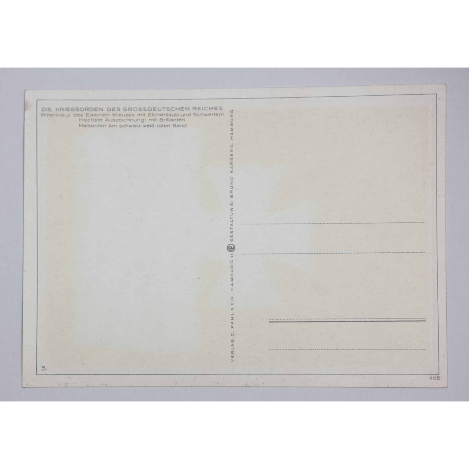 3.Reich Postkarte "Die Kriegsorden des Großdeutschen Reiches" Das Ritterkreuz mit Eichenlaub und Schwertern 3.Reich Postkarte "Die Kriegsorden des Großdeutschen Reiches" Das Ritterkreuz mit Eichenlaub und Schwertern