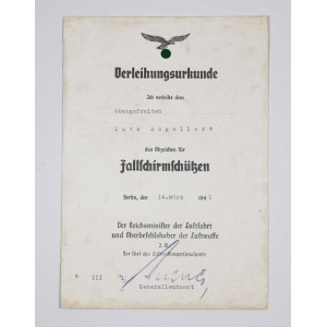 Luftwaffe Verleihungsurkunde zum Fallschirmschützenabzeichen