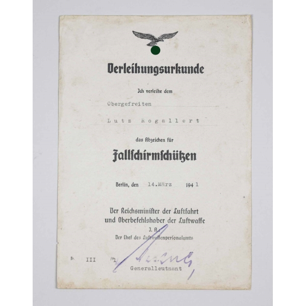 Luftwaffe Verleihungsurkunde zum Fallschirmschützenabzeichen