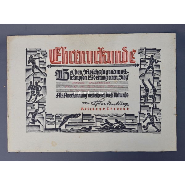 Ehrenurkunde Reichsjugend Wettkämpfen