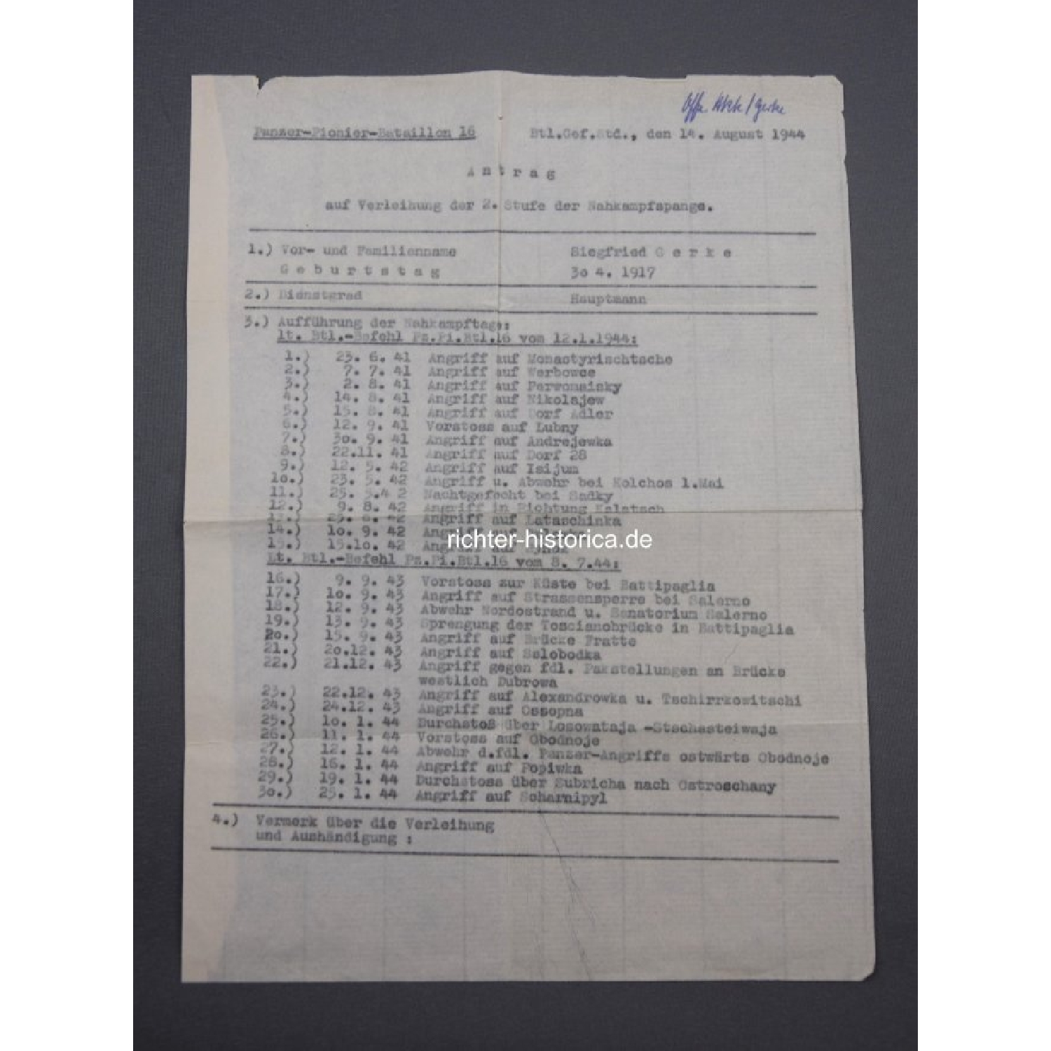 Ritterkreuznachlass Siegfried Gerke Mindener Pionier 3./Panzer-Pionier-Bataillon 16, mit "L/52 900" RK extrem selten!