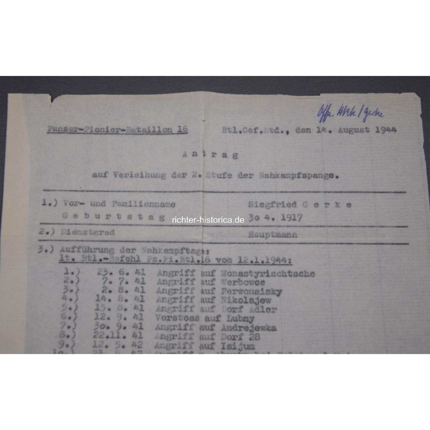 Ritterkreuznachlass Siegfried Gerke Mindener Pionier 3./Panzer-Pionier-Bataillon 16, mit "L/52 900" RK extrem selten!