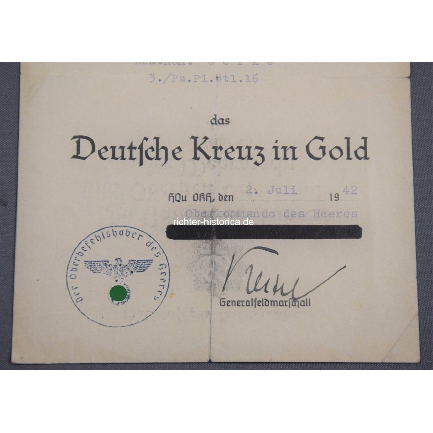 Ritterkreuznachlass Siegfried Gerke Mindener Pionier 3./Panzer-Pionier-Bataillon 16, mit "L/52 900" RK extrem selten!